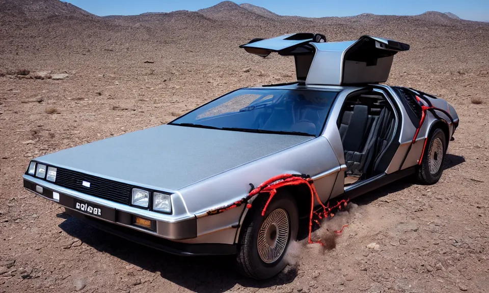 Image similar to photo of a delorean standing in the desert