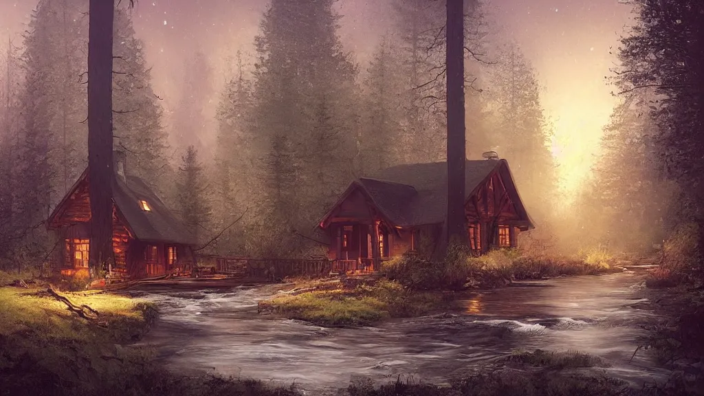 Image similar to small wooden cottage in the forest at night, smoke coming out of the chimney, nocturnal, redwood trees, peaceful, river running past the cottage, a wooden rowing boat, galaxy in the night sky, by charlie bowater, by greg rutkowski