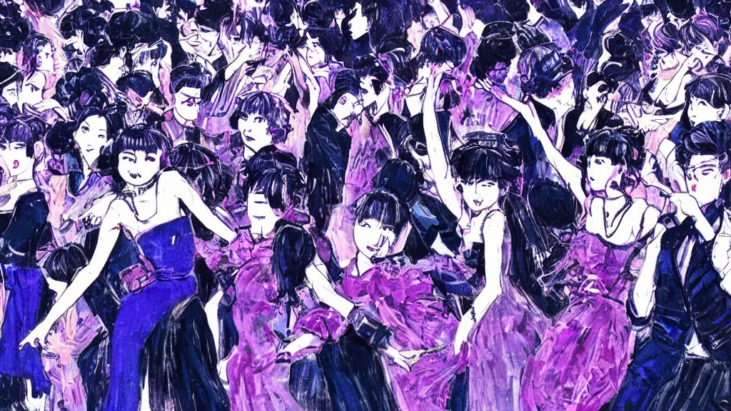 Prompt: detailed illustration of the front row of a concert seen from the front composed of fashionably dressed people dancing, dark blue and intense purple color palette, in the style of kojima ayami, amano yoshitaka