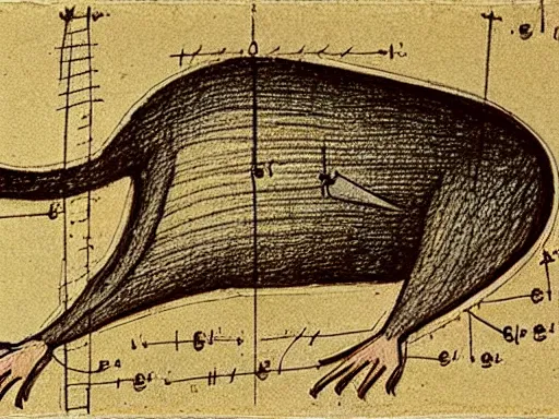 Prompt: highly detailed technical drawing of a rat, schematic, blueprint, pencil, sepia, old paper, art by leonardo da vinci