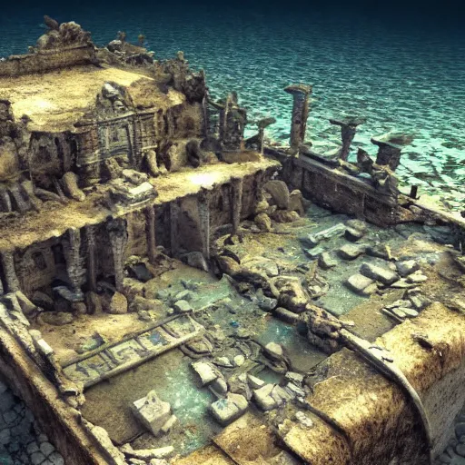 Prompt: 8 k hd detailed octane render of ruins of a sunken city under the sea