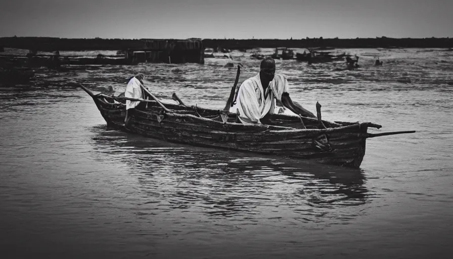 Image similar to a man in a barque made of flesh on a blood river, leica sl 2, heavy grain, high quality, high detail, in color