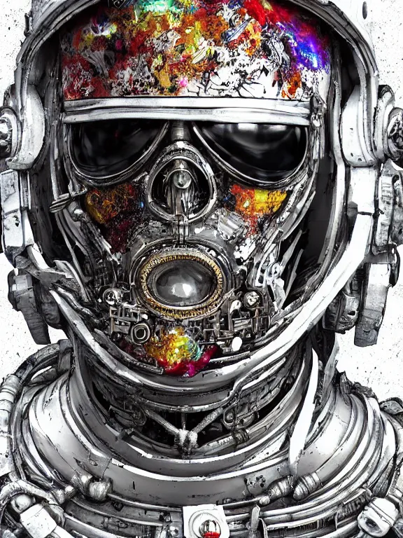 Image similar to portrait art of 8k ultra realistic undead retro futurism astronaut ,detailed white suit, intricate ornate armour,decaying, cybernetic, full of colour, cinematic lighting, battered, trending on artstation, 4k, hyperrealistic, focused, extreme details,unreal engine 5, cinematic, masterpiece, art by ayami kojima, giger