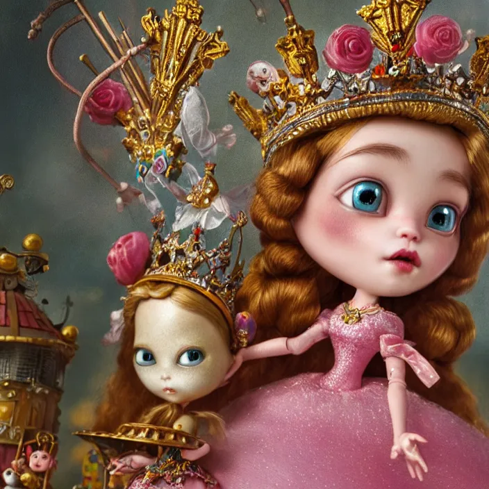 Image similar to highly detailed closeup, portrait of a tin toy fairytale princess wearing a crown, unreal engine, nicoletta ceccoli, mark ryden, earl norem, lostfish, global illumination, detailed and intricate environment