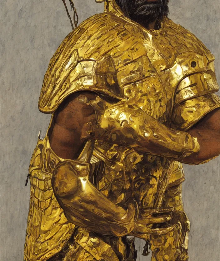 Prompt: indigenous man with a golden armour, painted by lucian freud, hd, super detailed, realistic, muted colors