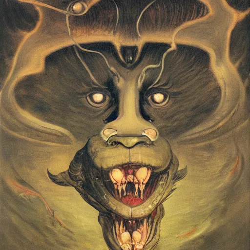 Image similar to demiurge head face eyes fangs serpent serpent python wearing a lion costume furry ears neck neck tall long viper j.m.w. turner greg rutkowski giorgio de chirico william merritt chase ralph steadman arsen savadov dan witz uta natsume
