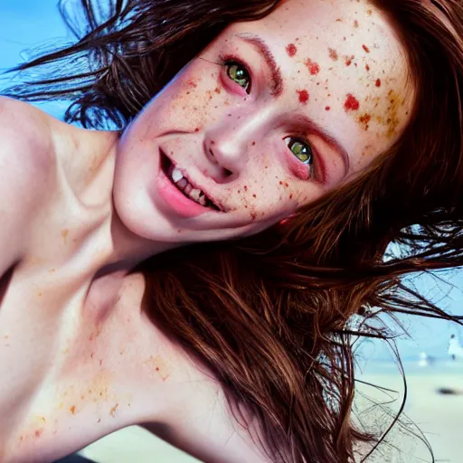 Prompt: portrait of a cute thin young woman, bronze brown hair, eye color is emerald green, red blush, a few freckles, smug smile, modern clothes, relaxing on the beach, golden hour, close up shot, 8 k, art by irakli nadar, hyperrealism, hyperdetailed, ultra realistic