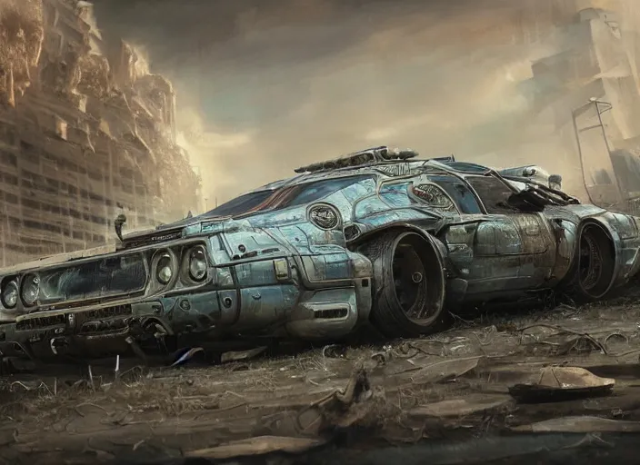 Image similar to detailed concept art illustration oil painting of a sci-fi muscle car in full intricate detail, ultra detailed, digital art, octane render, 4K, dystopian, micro details