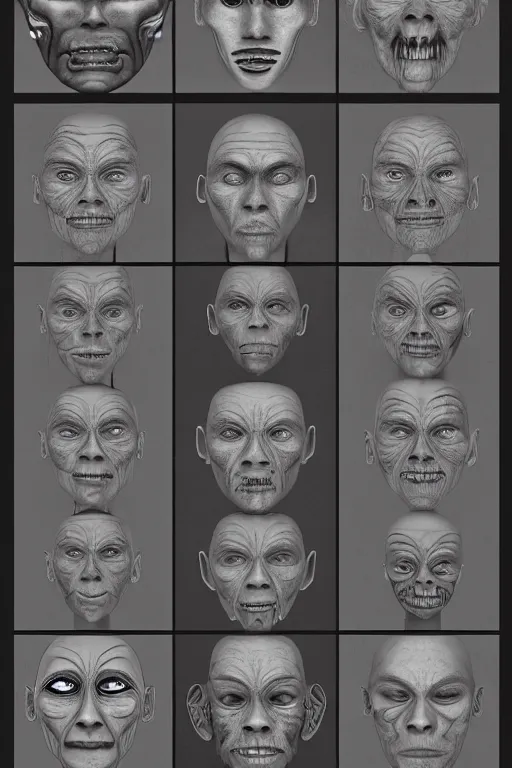 Image similar to mayan facial anatomy with gunmetal grey skin, medical anatomy, very symmetrical face, highly detailed, three - perspective / three - view reference sheet ( front / back / side ), in the style of dan ouellette, steven jung, amanda lilleston, hr giger, sil from species, dren from splice, mecha, artstation, unreal engine