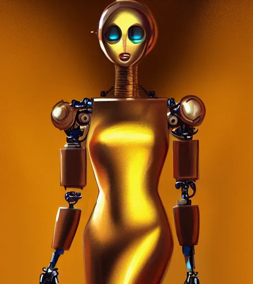 Image similar to a robot wearing a golden dress, full body shot, highly detailed, digital painting, artstation, concept art, smooth, sharp focus, illustration