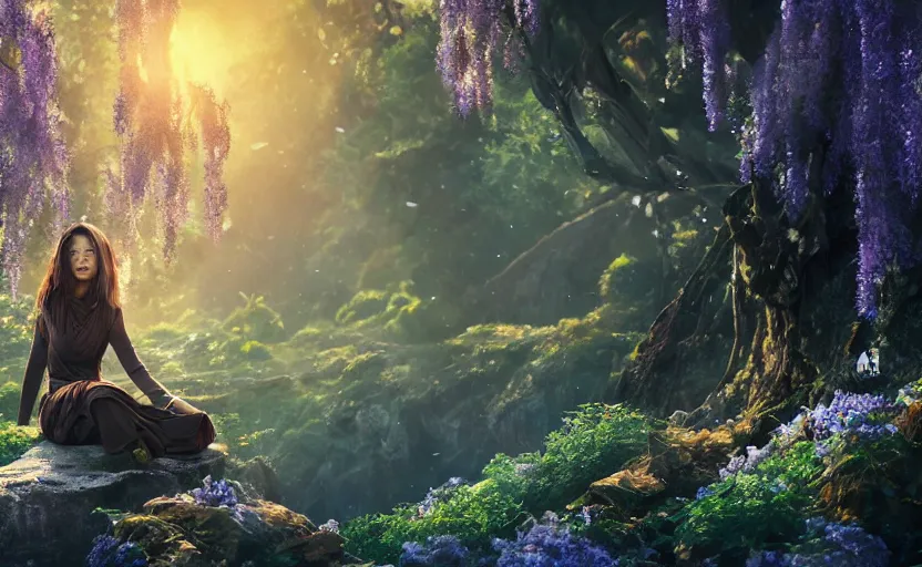 Image similar to beautiful Himalayan woman, sci-fi tibetan fashion, brown hair, somber, scene of a summer forest with glowing blue wisteria, dramatic light, wide angle, dramatic pose, dramatic angle , 8k hdr pixiv by Makoto Shinkai and Wojtek Fus