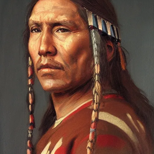 Image similar to renaissance portrait painting of a native american, artstation