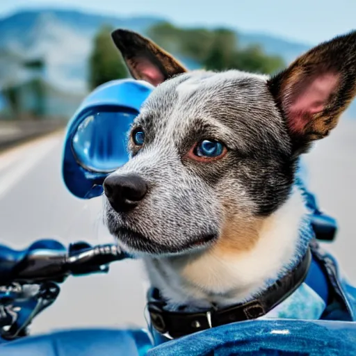 Image similar to blue heeler dog on a motorcycle, 8 k photography, blurred background of a wafflehouse