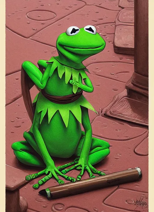 Prompt: portrait of Kermit the frog in Society (1989), highly detailed, centered, solid color background, digital painting, artstation, concept art, smooth, sharp focus, illustration, artgerm, donato giancola, Joseph Christian Leyendecker, Les Edwards, Ed Repka, WLOP