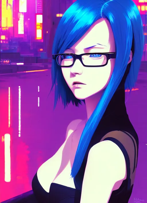 Prompt: digital illustrationportrait of cyberpunk pretty girl with blue hair, wearing a tight black dress, in city street at night, by makoto shinkai, ilya kuvshinov, lois van baarle, rossdraws, basquiat