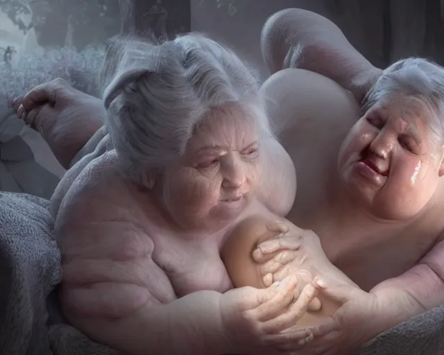 Prompt: of a very beautiful scene. ambient occlusion render. a sweet fat old woman is giving birth to her self as a baby. hyper realistic. 4 k. wide angle. wild. symmetrical face, red mouth, blue eyes. deep focus, lovely scene. ambient occlusion render. concept art. unreal engine.