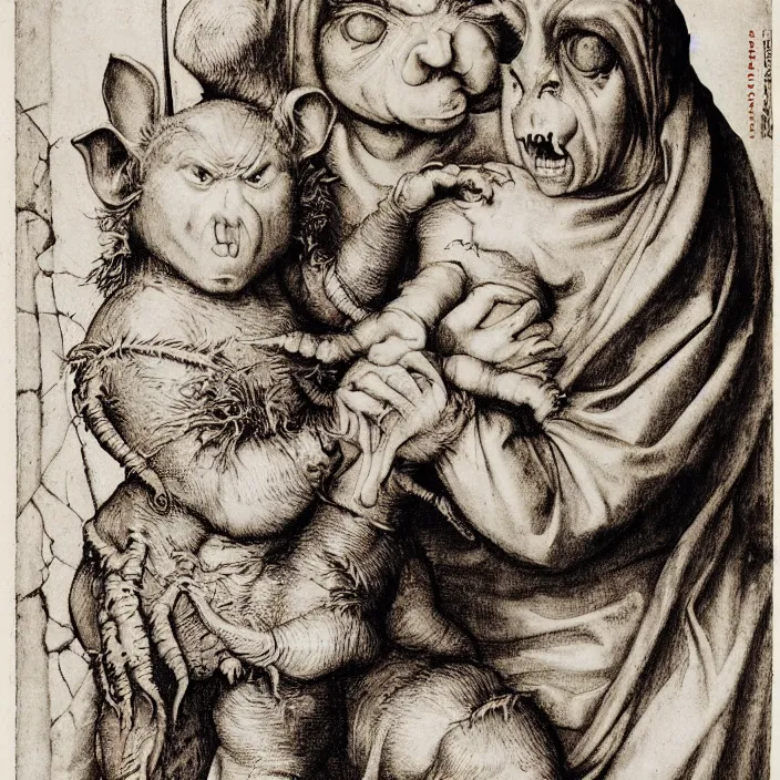 Image similar to a goblin monster mother and a baby, by Hans Holbein the Younger