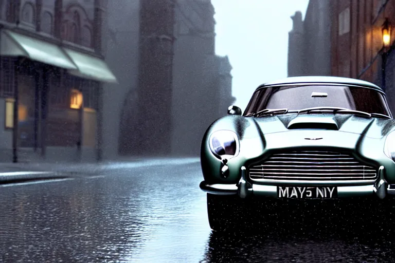 Prompt: a wholesome animation key shot of!! one!! focused!! aston martin db 5!!, front wheels turned, on a wet london street, raining, wide shot, studio ghibli, pixar and disney animation, sharp, very detailed, high resolution, rendered in unreal engine 5, anime key art by greg rutkowski, bloom, dull atmospheric lighting