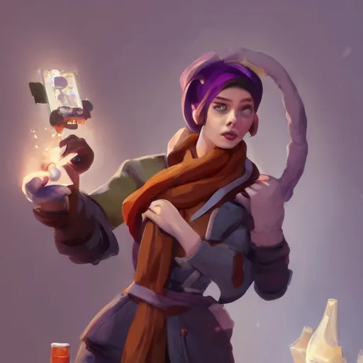 Image similar to a magic mechanic wearing a robe and a scarf. overwatch character, concept art, character design, artstation trending, by rossdraws, wlop, greg rutkowski, greg manchess