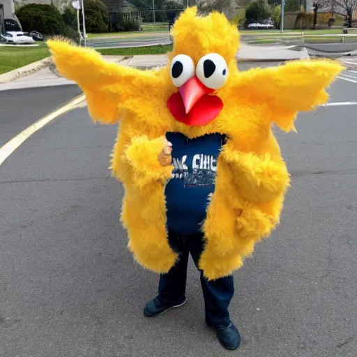 Prompt: a middle aged man in a poorly done chicken costume