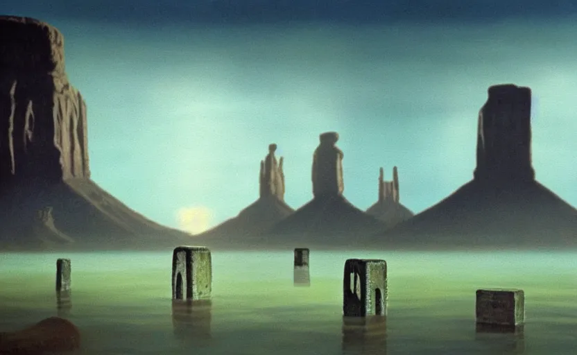 Image similar to hyperrealist painting of 1 0 flying cubes from close encounters of the third kind ( 1 9 7 7 ) in a flooded monument valley stonehenge jungle. 1 9 7 0 s science fiction, moody, misty, depth perception, 4 k, artstation, in the style of studio ghibli