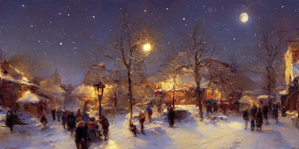 Image similar to a scene of a small eastern european village at night, stars, moon, wintertime, painting by daniel f. gerhartz