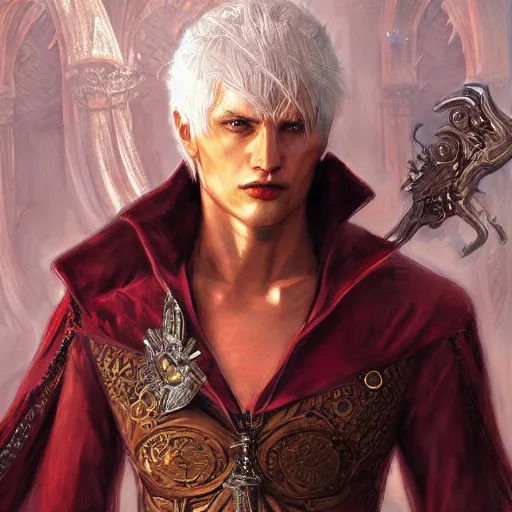 Prompt: Dante from DMC as a fantasy D&D character, portrait art by Donato Giancola and James Gurney, digital art, trending on artstation