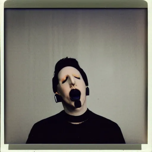 Image similar to Marilyn Manson, working in a call center, polaroid photograph, 4k