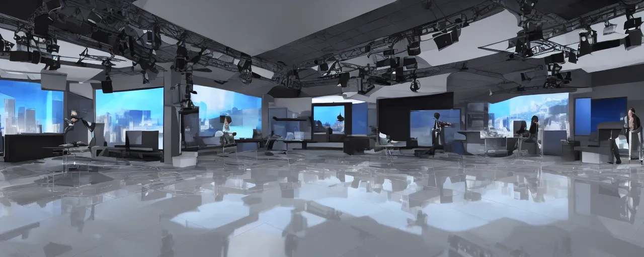 Prompt: news studio set, interior, big open floor, 3 d v - ray photo realistic, ambient aclution, 8 k