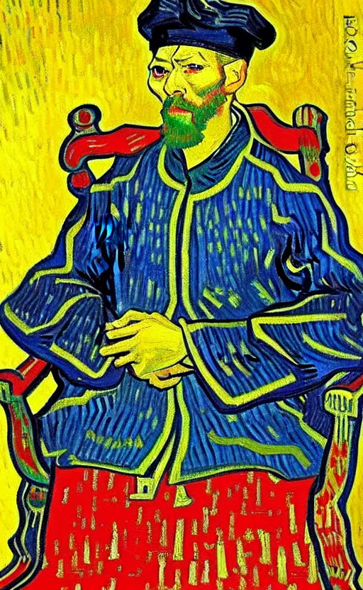 Prompt: detailed expressionist!! oil painting masterpiece portrait of an ancient emperor on his throne!! by van gogh, 8 k resolution, smooth, sharp focus, matte painting, beautiful masterpiece expressionist painting