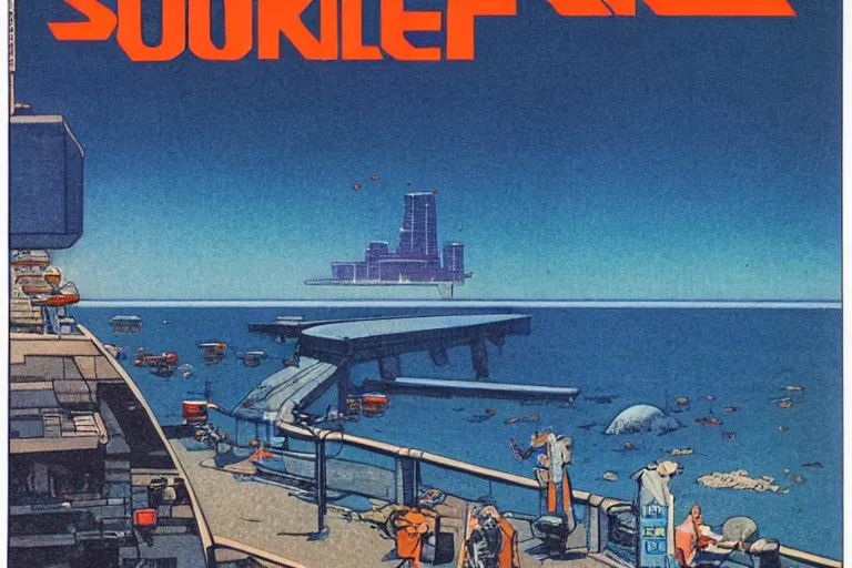 Image similar to 1979 Popular science Magazine Cover of a seawall. In the background is Neo-Tokyo in Akira style by Vincent Di Fate