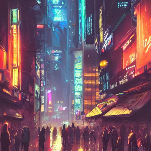 Image similar to overly crowded street of a cyberpunk city, rain, harsh neon lights, highly detailed, digital painting, trending on artstation, concept art, sharp focus, illustration, art by artgerm and greg rutkowski and magali villeneuve