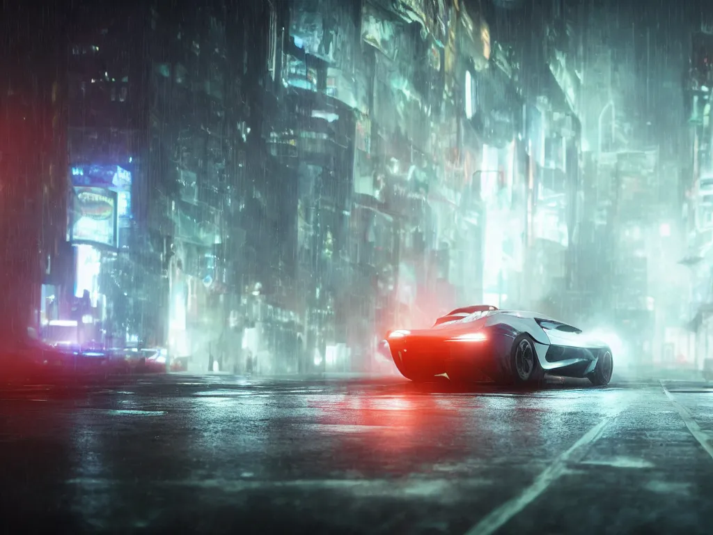 Prompt: film still of a Futuristic supercar on wet city streets, mist, volumetric lighting, octane, cyberpunk