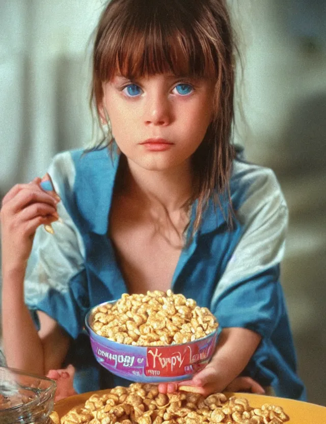 Image similar to young courtney cox eating cereal in an oversized shirt, redshift, colour shift, wide shot, coloured polaroid photograph, pastel, kodak film, hyper real, stunning moody cinematography, by maripol, fallen angels by wong kar - wai, style of suspiria and neon demon, david hockney, detailed, oil on canvas