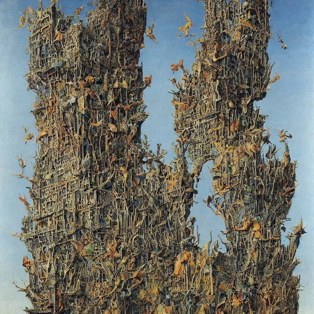 Prompt: a single colorful! ( sergio toppi ) wooden tower white! clear empty sky, a high contrast!! ultradetailed photorealistic painting by jan van eyck, audubon, rene magritte, agnes pelton, max ernst, walton ford, andreas achenbach, ernst haeckel, hard lighting, masterpiece