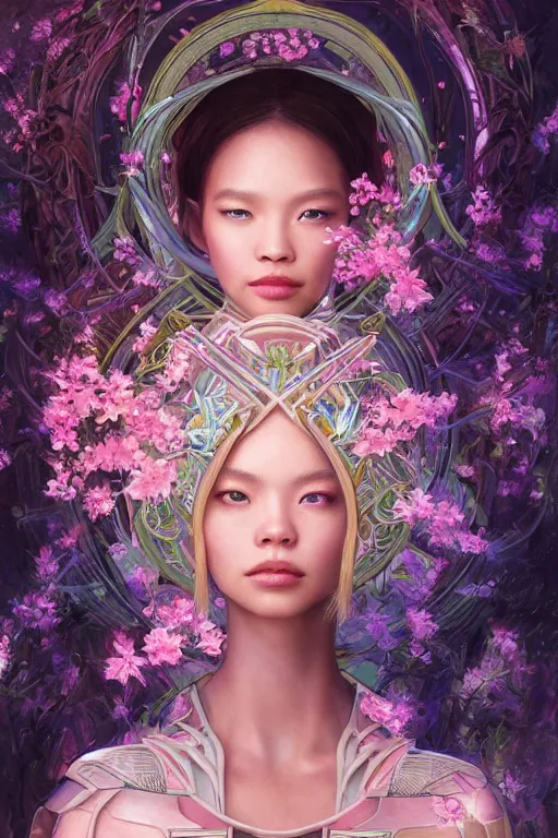 Image similar to portrait of Lalisa Manobal as a Celestial Goddess of a futuristic princess, inside future fighter, sci-fi, fantasy, intricate, lush garden spaceship with sakura season flowers, elegant, human anatomy, royal green and nature light, highly detailed, digital painting, artstation, concept art, smooth, sharp focus, illustration, art by tian zi and WLOP and alphonse mucha