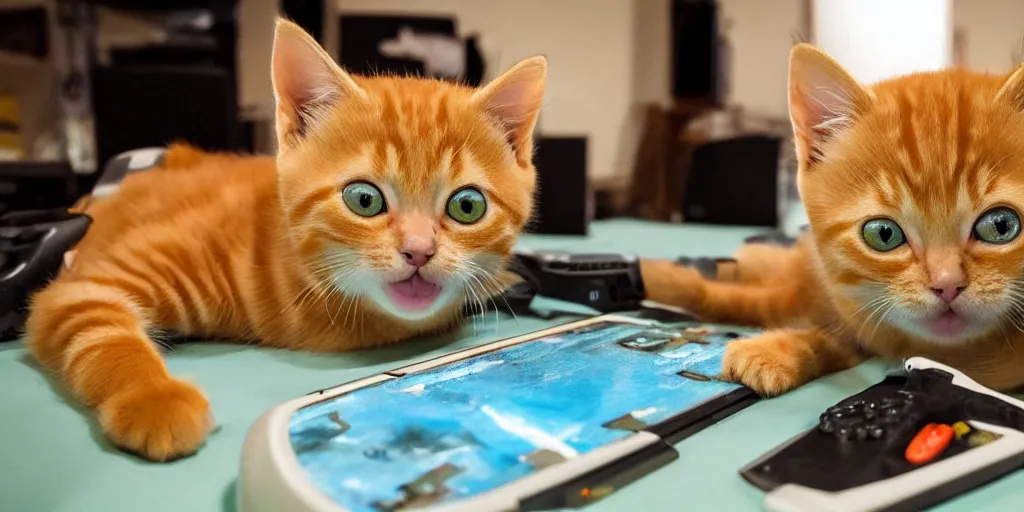 Image similar to an orange tabby kitten playing video games by richard scary