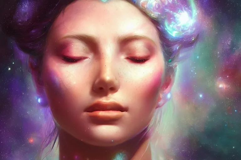 Image similar to a beautiful portrait of a female goddess with closed eyes, galaxy theme colors, galaxy theme colors, ultra realistic digital art by Greg Rutkowski and Raymond Swanland, Trending on Artstation, ultra realistic digital art, ultra realistic digital art