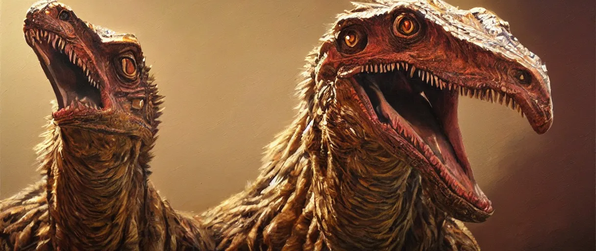 Prompt: oil painting of a velociraptor on canvas, by James gurney, realism, warm lighting, award winning, high detail, professional, volumetric lighting