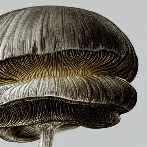 Prompt: beautiful roud mushroom cap, bottom view, luminous lamellae are clearly visible, Giger, black background, hyper realism, epic composition