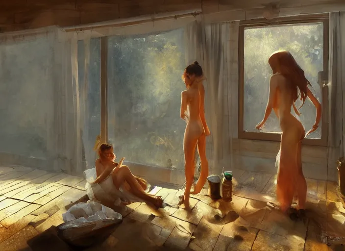 Prompt: russian banya, russian sauna, steam, dressed!!! girls, painting by craig mullins, octane rendering, soft morning lighting, wide angle lens, in the style of hayao miyazaki, trending on artstation,