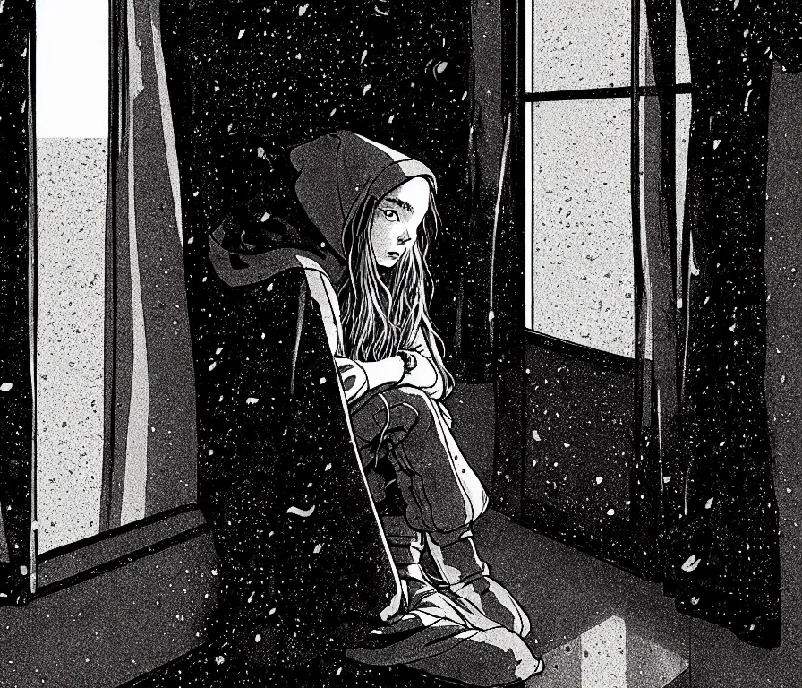 Image similar to sadie sink in hoodie sits on windowsill, knees tucked in | rain falls at night : storyboard, scifi cyberpunk. by gabriel hardman, joe alves, chris bonura. cinematic atmosphere, detailed and intricate, perfect anatomy