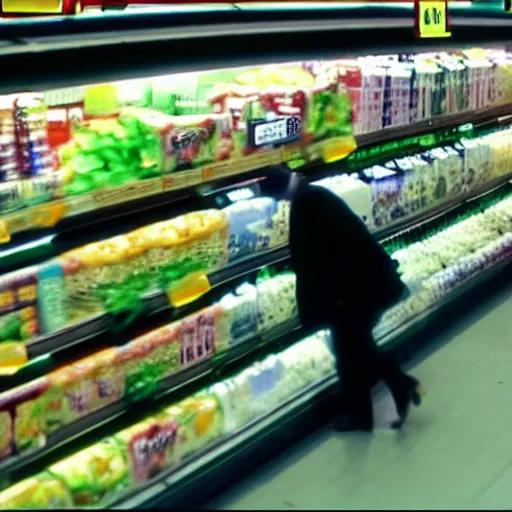 Prompt: cctv camera still of a werewolf shopping in a grocery store