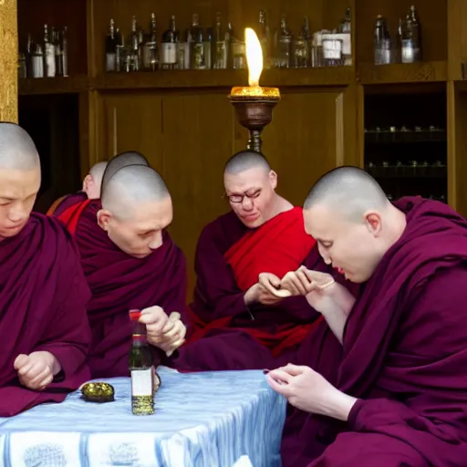 Prompt: group of monks worshiping a bottle of buckfast