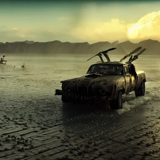 Prompt: mad max vehicle with skis as wheels driving on water on a desert lagoon, cinematic, intricate lighting, atmosphere, highly detailed, sharp focus, movie still