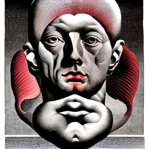 Image similar to red graphic conceptual post - mortem monumental portrait made by escher and william blake and salvador dali, highly conceptual art, intricate detailed painting, illustration sharp detail, vector sharp graphic, manga 1 9 9 0