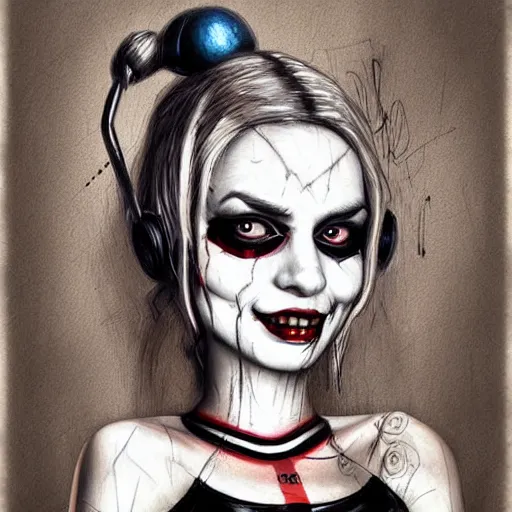 Image similar to surrealism grunge cartoon portrait sketch of Harley Quinn, by michael karcz, loony toons style, freddy krueger style, horror theme, detailed, elegant, intricate