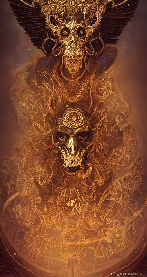 Prompt: a portrait of the thanatos the emperor of death wearing an ornate headdress made of gold metal and mandalas, surrealism, smooth, intricate, elegant, galactic energy, death and dying, golden glow, digital painting, artstation, concept art, high tech fantasy, sharp focus, illustration, art by jason chan and riot studios and blizzard studios