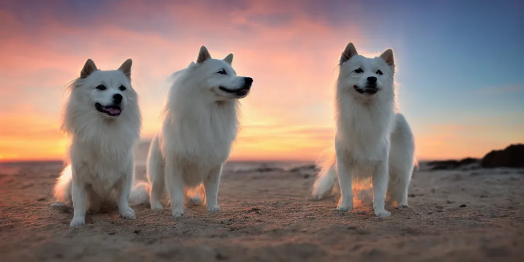 Image similar to a closeup photorealistic photograph of japanese spitz on the beach at sunset. this 4 k hd image is trending on artstation, featured on behance, well - rendered, extra crisp, features intricate detail and the style of unreal engine. golden hour