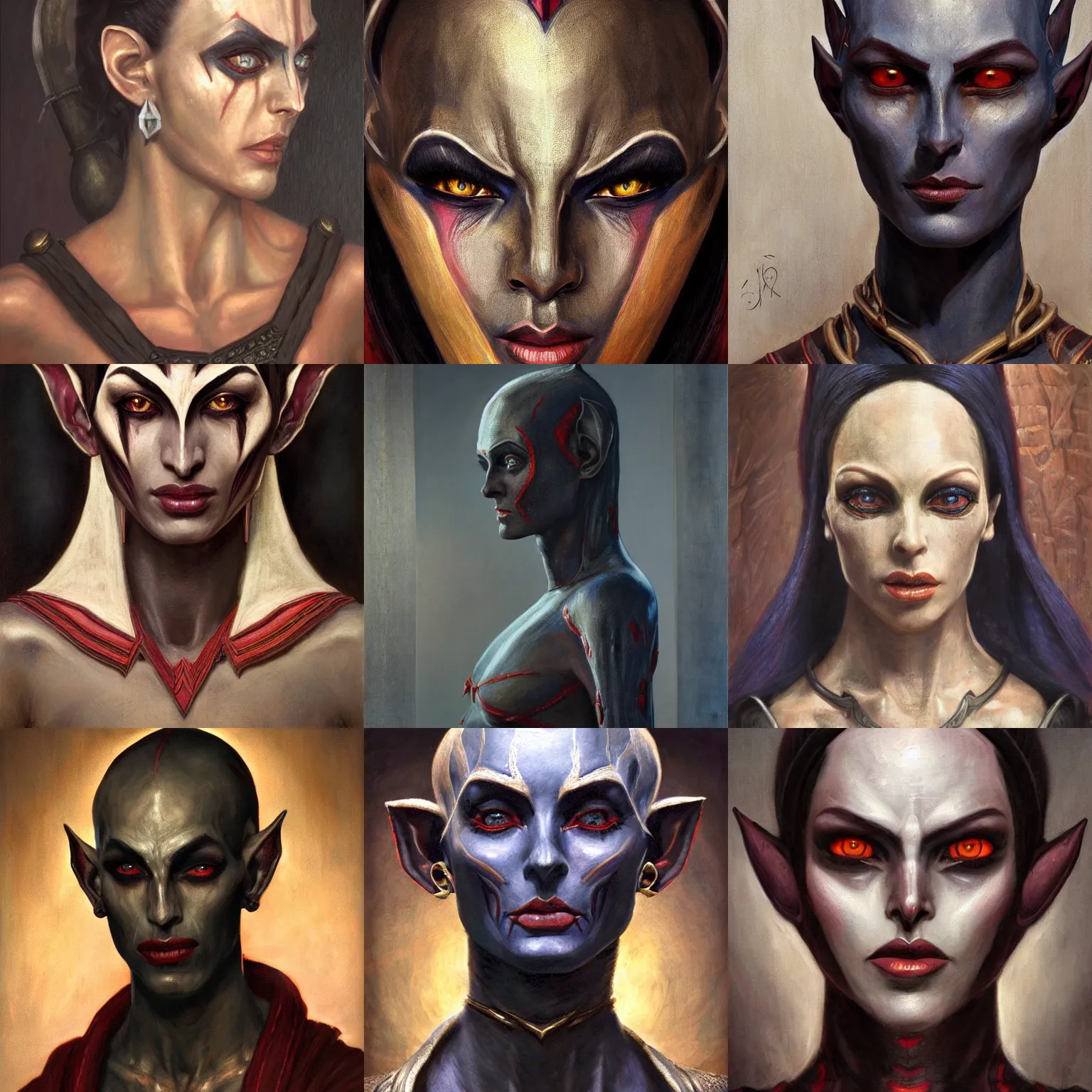 Prompt: morrowind portrait of a dark elf dunmer character by Edwin Longsden Long and Theodore Ralli and Nasreddine Dinet and Adam Styka, masterful intricate artwork. Oil on canvas, excellent lighting, high detail 8k